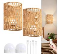 Espossi Battery Wall Sconces Set of 2, Rattan Rechargeable Wall Sconce, Boho Wireless Wall Lamp with Remote, Battery Operated Sconces for Bedrooms, Hallway, Living Room