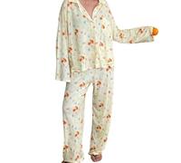 EsprAL Women 2 Piece Floral Pajamas Set, Long Sleeve Button Down Shirts and PantS,Women Fruit Printing Pajamas Lounge Set (yellow,Small)