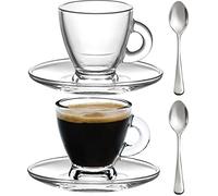 Espresso Cups, 3.2-Ounce. Small Demitasse Clear Glass Espresso Drinkware, Set Of 2 Cups, Saucers and Stainless Steel mini Spoons, Hostess, Coffee Lover/Enthusiast,