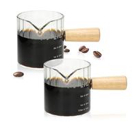 Espresso Cups Set of 2, 4 OZ Espresso Shot Glasses with Wood Handle, Clear | V-Shaped Spouts, Ribbed Milk Frothing Pitcher, Small Glass Measuring Cup, Demitasse Cups, Coffee Espresso Accessories