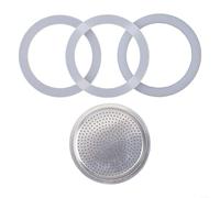 Espresso Maker Moka Pot Replacement Parts Kit with 3 Silicone Gasket Seals and 1 Stainless Steel Filter to Restore Brewing Functionality (3 Cup)