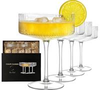 Espresso Martini Glasses Set of 4, Whiskey Glass Handmade Crystal Ribbed Wine Coupe Glasses Set, Large 270ml Cocktail Glass for Scotch Cognac Gin Vodka Champagne Misket Magarita Cocktail Glasses Set