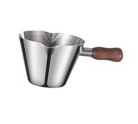 Espresso Measuring Cup Milk Pitcher Jug 200ml, 304 Stainless Steel with Wood Handle, Double Spout Pouring Cup for Latte Art, Restaurant, and Home Barista- Silver