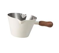 Espresso Measuring Cup Milk Pitcher Jug 200ml, Stainless Steel with Wood Handle, Double Spout for Latte Art and Coffee Brewing- White