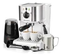 EspressoWorks 7 Pc All-in-One Espresso & Cappuccino Maker Machine Barista Bundle Set w/Built-in Steam Wand (Inc: Coffee Bean Grinder, Portafilter, Frothing Cup, Spoon w/Tamper & 2 Cups) (White)