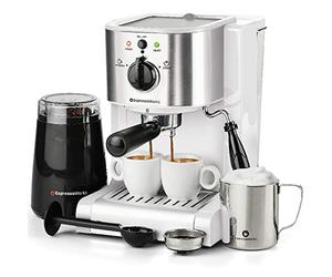 EspressoWorks 7 Pc All-in-One Espresso & Cappuccino Maker Machine Barista Bundle Set w/Built-in Steam Wand (Inc: Coffee Bean Grinder, Portafilter, Frothing Cup, Spoon w/Tamper & 2 Cups) (White)