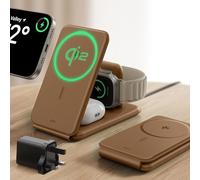 ESR Qi2 3 in 1 Charging Station for Apple, Qi2 MagSafe Charger Stand for iPhone & Apple Watch Charger [Certified], Travel Charger for iPhone 16/15/14/13/12 Series, AirPods 4/3/Pro, Brown, No Bag