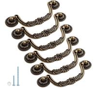 ESreake 6PCS Antique Bronze Drop Bail Pulls,Vintage Carved Cabinet Pulls Handles,5.0" Hole Centers Retro Drawer Knobs,Texture on Handle for Drawer Dresser Closet with Screws (Large 5" Hole Centers)