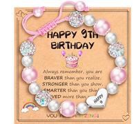 Esrial Happy 3 4 5 6 7 8 9 10 11 12 Year Old Birthday Gifts for Her, Adjustable Pink Pearl Heart Beaded Bracelet for Daughter Granddaughter Niece Birthday Christmas Gifts, 6in, Stone, no gemstone