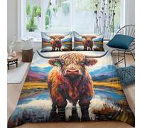 ESSAHI Highland Cow 3 Pcs Bedding Duvet Cover Set 3D Print Wild Animal Quilt Cover, Soft Microfibre Comforter Cover with Zipper with Pillowcases,for Boys Girls Double(200x200cm)