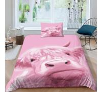 ESSAHI Highland Cow 3D Print Comforter Cover Set 3 Pcs Duvet Cover Bedding Set Microfiber Room Decorative Pink Cow Quilt Cover With Pillow Hidden Zipper for Boys Girls Single（135x200cm）