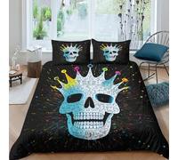 ESSAHI Skull Crown Duvet Cover Set 3D Digitally Printed Bedding Set 3 Pieces Soft Microfibre Skeleton Quilt Cover with Pillowcase Hidden Zipper Comforter Cover，for Boys Girls Double（200x200cm）