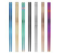 ESSBES 7 Pairs Metal Chopsticks, 7 Colors Reusable Stainless Steel, 13 Rings Pattern Non-slip Dishwasher Safe Chop Sticks, Square Lightweight, 8.9 Inches