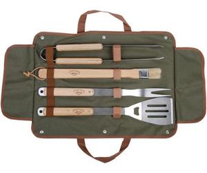 Esschert Barbecue Tool Kit, 5-Piece Stainless Steel Bbq Set With Wooden Handles And Canvas Roll Bag