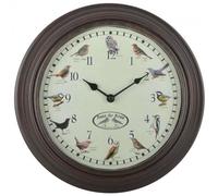 Esschert Design Birdsong Wall Clock, Round Battery-Operated, 12 Birds on Dial, Hourly Bird Songs (FB416)