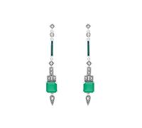 Esse Marcasite Sterling Silver Art Deco Green Chalcedony & Marcasite Square Long Drop Earrings