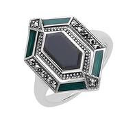 Esse Marcasite Sterling Silver Art Deco Green Enamel Black Onyx & Marcasite Long Hexagon Ring (O)