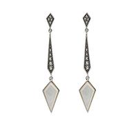 Esse Marcasite Sterling Silver Art Deco White Mother of Pearl Long Spear Drop Earrings