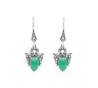 Esse Marcasite Sterling Silver Art Nouveau Green Chalcedony & Marcasite Leverback Drop Earrings