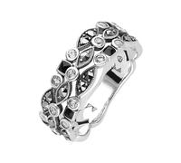 Esse Marcasite Sterling Silver Black Enamel Clear Topaz & Marcasite Triple Row Ring (R)