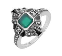 Esse Marcasite Sterling Silver Black Enamel Green Chalcedony & Marcasite Art Deco Ring (P)
