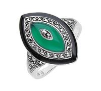 Esse Marcasite Sterling Silver Black Enamel Green Chalcedony & Marcasite Statement Ring (L)