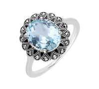 Esse Marcasite Sterling Silver Black Enamel Victorian Blue Topaz & Marcasite Flower Ring (R)