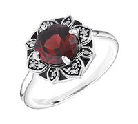 Esse Marcasite Sterling Silver Garnet Marcasite & Black Enamel Art Nouveau Ring (L)