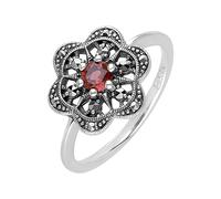 Esse Marcasite Sterling Silver Garnet & Marcasite Flower Ring (N)
