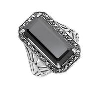 Esse Marcasite Sterling Silver Large Octagon Black Spinel & Marcasite Art Deco Statement Ring (R)