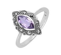 Esse Marcasite Sterling Silver Marquise Amethyst & Marcasite Ring (O)