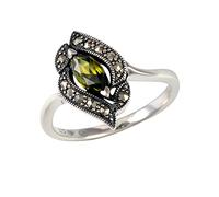Esse Marcasite Sterling Silver Marquise Cut Olive Cubic Zirconia Leaf Motif Ring - Size P