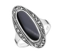 Esse Marcasite Sterling Silver Oval Black Onyx and Marcasite Art Deco Dress Ring - Size P