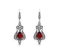 Esse Marcasite Sterling Silver Pear Cut Garnet & Marcasite Art Nouveau Long Drop Leverback Earrings