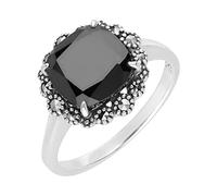 Esse Marcasite Sterling Silver Square Cushion Cut 3.111ct Black Spinel and Marcasite Ring - Size N