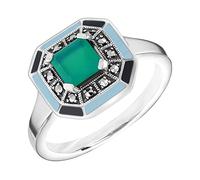 Esse Marcasite Sterling Silver Square Cut Green Chalcedony Marcasite & Enamel Detailed Art Deco Ring (L)
