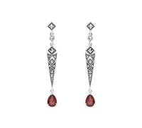 Esse Marcasite Sterling Silver Tear Drop Garnet Long Drop Art Deco Earrings