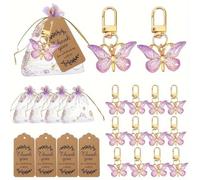 ESSECMBS 12pcs Pink Butterfly Keychains Set with Organza Bags and Thank You Tags Zinc Alloy Butterfly Keyrings Pack for Party Favors Gift Idea (Purple, 2.1*1.5inch)