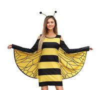 ESSECMBS 2PCS Women Halloween Ladybug Costume Bumble Bee Cold Shoulder Long Sleeve Dress & Headband Set for Cosplay (Yellow, XL)