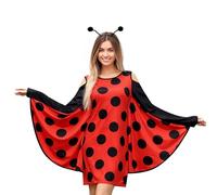 ESSECMBS 2PCS Women Halloween Ladybug Costume Bumble Bee Cold Shoulder Long Sleeve Dress & Headband Set for Cosplay (Red, XL)