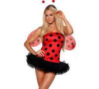 ESSECMBS 3PCS Womens Bee Costumes Striped Off Shoulder Mini Tulle Dress Wings Headband Set Halloween Ladybug Outfit (Red, XL)