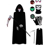ESSECMBS 5pcs Halloween Grim Reaper Costume Cape Glowing Mask Gloves Glasses Scythe (Black, Adults)