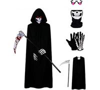 ESSECMBS Halloween Grim Reaper Costume Set Black Scary Death Outfit with Light Up Red Eye Glasses Scythe for Kids Adults (5Pcs, Kids 10-15 Years)