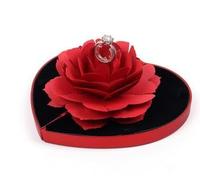 ESSECMBS Romantic Red Rose Flower Ring Box Gift for Her Foldable Heart Jewelry Case Holder for Proposal Engagement Wedding Valentine's Day (CORAL RED, 13.5 * 8cm)
