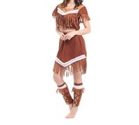 ESSECMBS Womens Halloween Savage Cosplay Outfit Short Sleeve Tassel Dress & Leg Warmers Native American Costume for Dress Up (Camel, M)