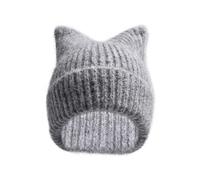 ESSECMBS Womens Winter Warm Knitted Hats Gray Cute Cat Ear Crochet Beanie Hat for Outdoor (Gray, ONE Size)