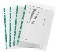 Esselte A4 Punched Pockets, 100 x Poly Pockets, 34 Micron Thickness, Clear Embossed A4 Pockets With Punched Reinforced Green Spine, Ideal For Lever Arch Files & Ring Binders (Pack of 100), 628531