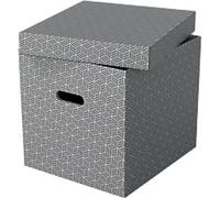 Esselte Large Storage Cubic Box With Lid, Pack Of 3, Suitable For Home/Office Storage & Organisation, 100% Recycled Cardboard, 100% Recyclable, Geometric Design, Grey, 628289