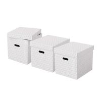 Esselte Large Storage Cubic Box With Lid, Pack Of 3, Home/Office Storage & Organisation, 100% Recycled Cardboard, 100% Recyclable, Geometric Design, White, 628288
