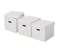 Esselte Large Storage Cubic Box With Lid, Pack Of 3, Home/Office Storage & Organisation, 100% Recycled Cardboard, 100% Recyclable, Geometric Design, White, 628288